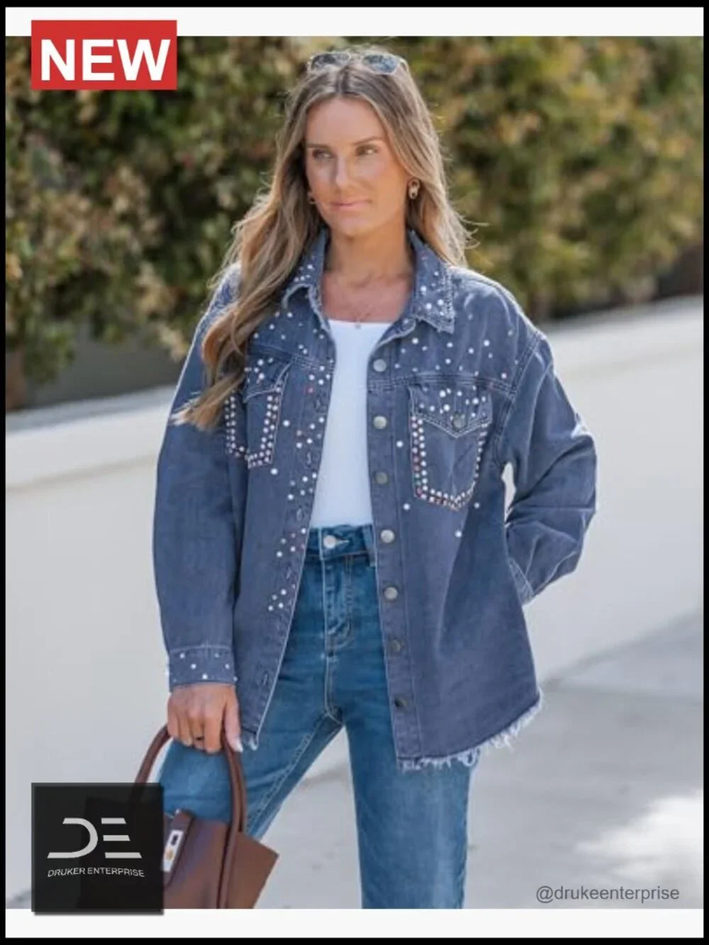 Embellished Rhinestone Pearl Denim Jacket Oversized Frayed Hem Pockets